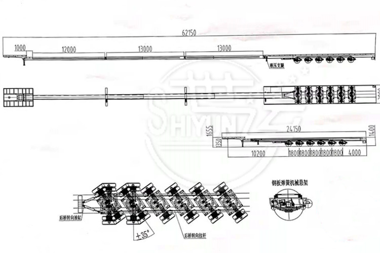  Specification: Brand: Shiyun Brand Extendable Trailer for Windmill Blade Transport Closed length: 24150mmX3000mmX1650mm Total length: 62,000mm after extension Transport: 80m windmill blade Loading capacity: 60 Ton Suspension: Mechanical spring suspension/air suspension/hydraulic suspension optional Platform thickness: 3 mm Hydraulic power station: Diesel engine Tyre: 24pcs Axle: 6 axle Braking system: WABCO emergency valve King pin: 3.5 inch high tensile steel bolted type Landing gear: JOST C200 with hydraulic landing legs optional  Advantages: 1. The general extendable transporter of wind turbine blades is a bit similar to the lowbed transporter, but its girder adopts a buckle box type design, and the girder is pulled to adjust the length of the vehicle to adapt to the transportation of wind blades of different lengths. 2. The extendable flatbed semi trailer has flat, concave beam, tire leaking and pull-out structures. The frame is stepped and the longitudinal beam section is I-shaped, which has the characteristics of high rigidity and high strength. 3. The vehicle body is made of high-quality steel, and the main plane of the frame and cargo platform is low, which ensures the stability of transportation and is suitable for carrying various construction machinery, large equipment and steel. It adopts three-axis balance type, two-axis balance type or rigid suspension, with a mass balance block installed between the front and rear leaf springs, which can make the front and rear leaf springs change in equal amounts and balance the forces on the front and rear axles.